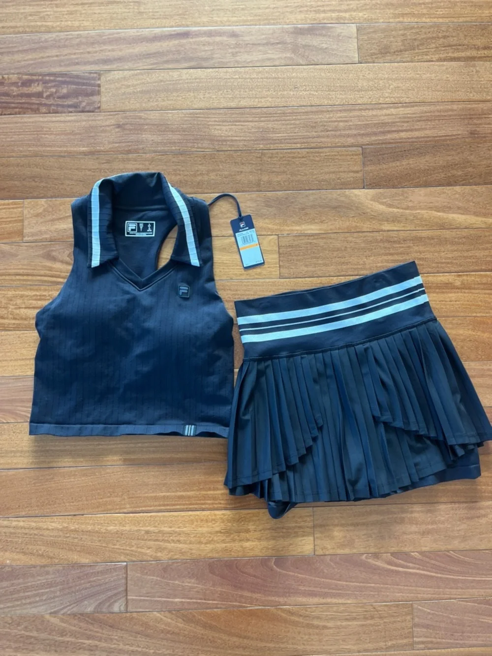 Fila Challenger Black Crop Polo Tank and Pleated Tennis Skort Set XS S - Picture 2 of 6
